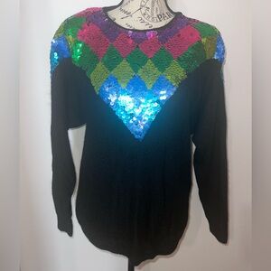 Vintage Work in Progress Silk Angora Sequin Harlequin Sweater/Large
